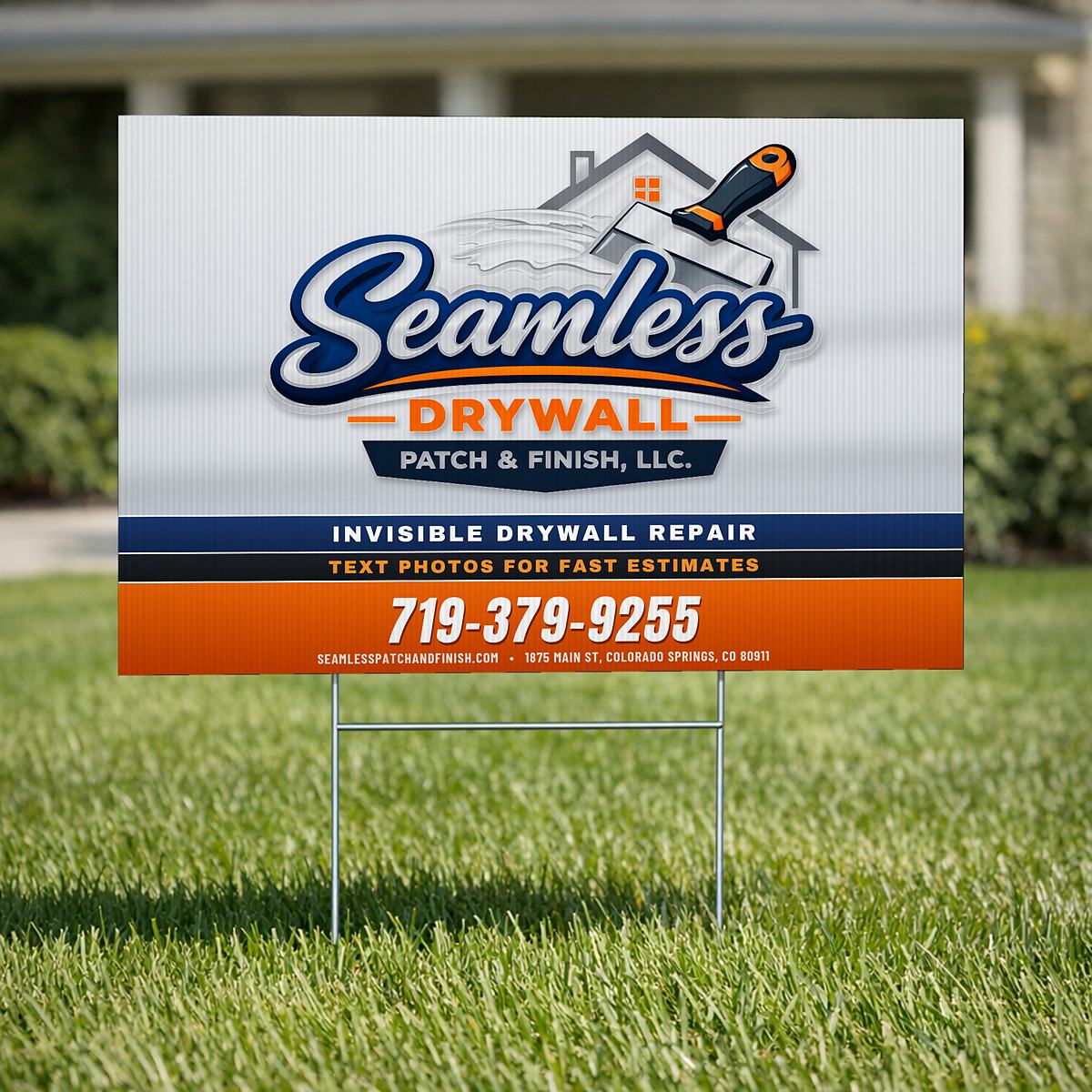 Seamless Patch & Finish yard sign outside a Colorado home